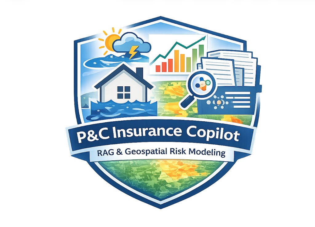 P&C Insurance Copilot — shield badge for RAG and geospatial risk modeling